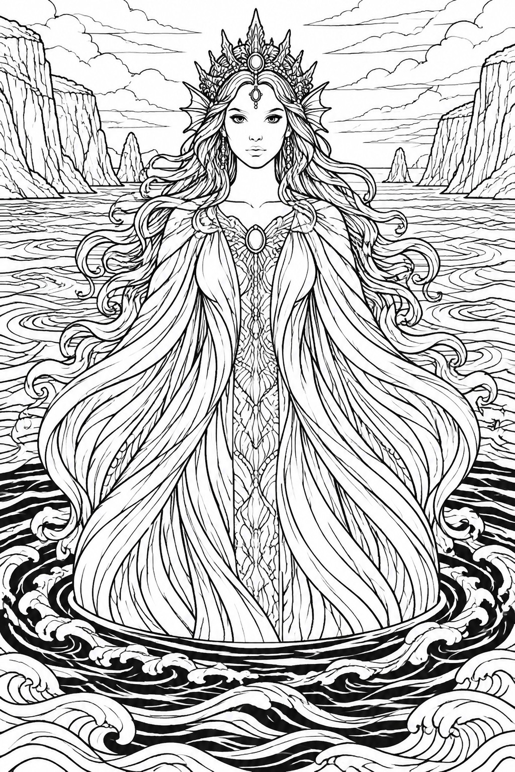 Black and white line art of a crowned woman with long flowing hair standing in ocean waves between rocky cliffs.
