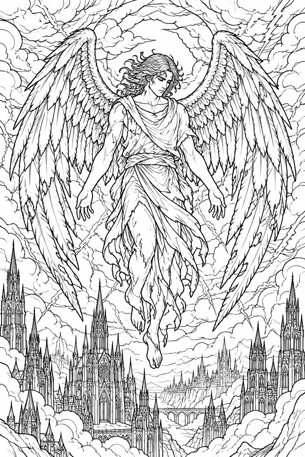 Winged angel with flowing robes hovers above gothic spired city amid stormy clouds