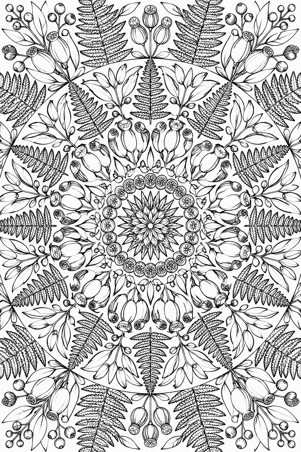 Black and white botanical mandala with ferns, flowers, berries, and symmetrical leaves.