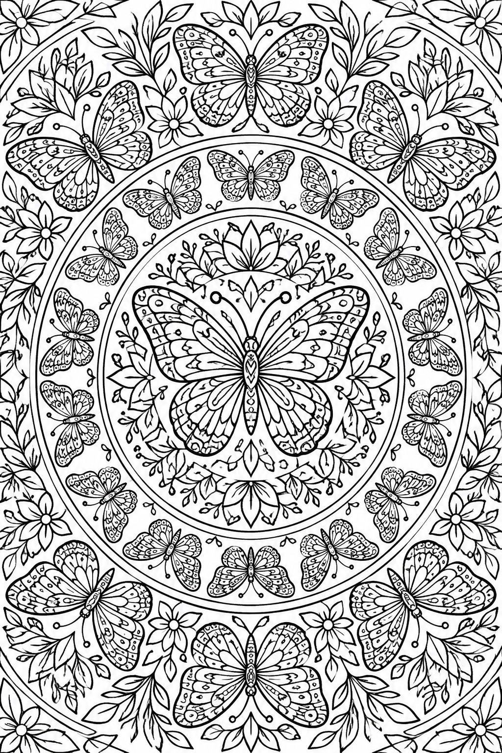 Black and white mandala with concentric circles of butterflies and floral patterns