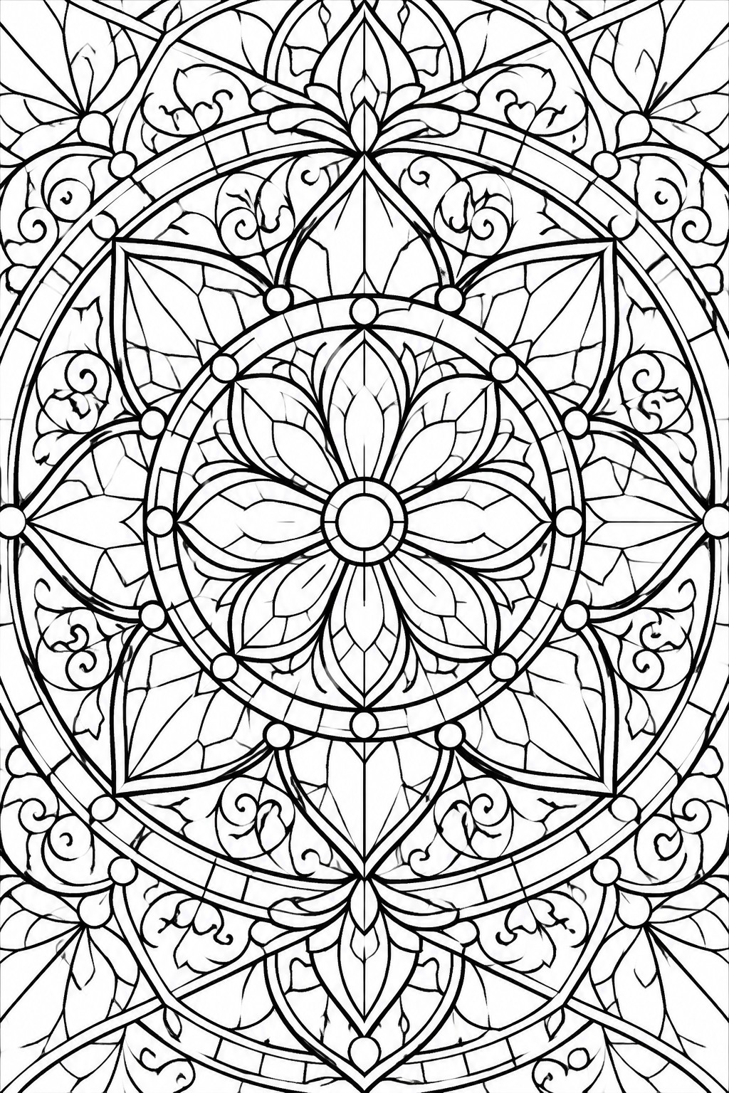 A black and white mandala coloring page featuring a central flower surrounded by layered petals, leaves, and swirling patterns in concentric circles.