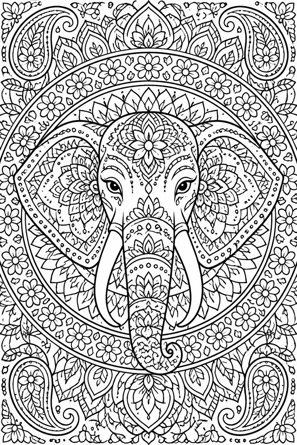 Intricate black-and-white mandala elephant head with floral and paisley patterns