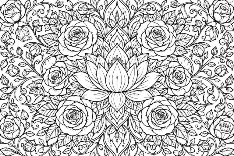 19 Practical Single-Page Mandala Coloring Sheets for Adults Intricate black-and-white line art of central lotus amid blooming roses and vines
