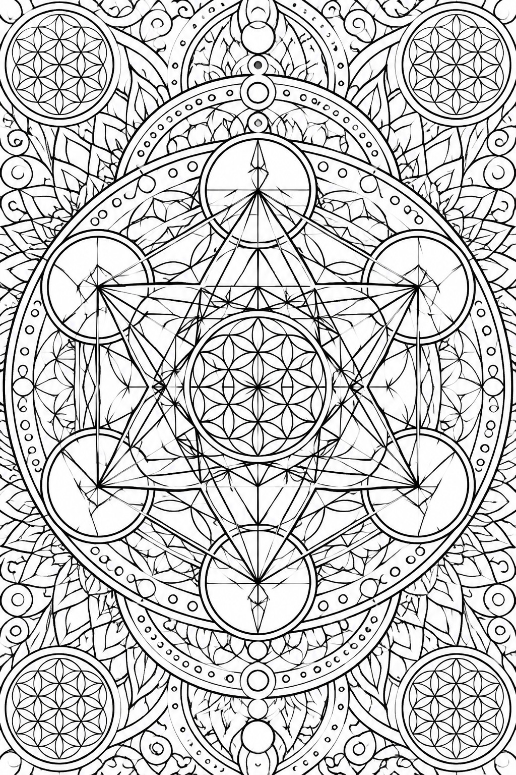 Intricate black-and-white mandala with central Star of David, circles, and floral motifs