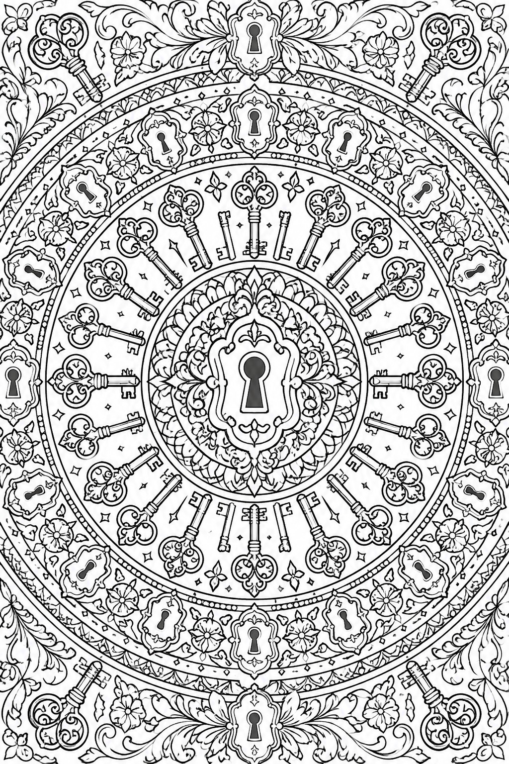 Ornate black-and-white mandala of vintage keys, keyholes, and floral patterns.