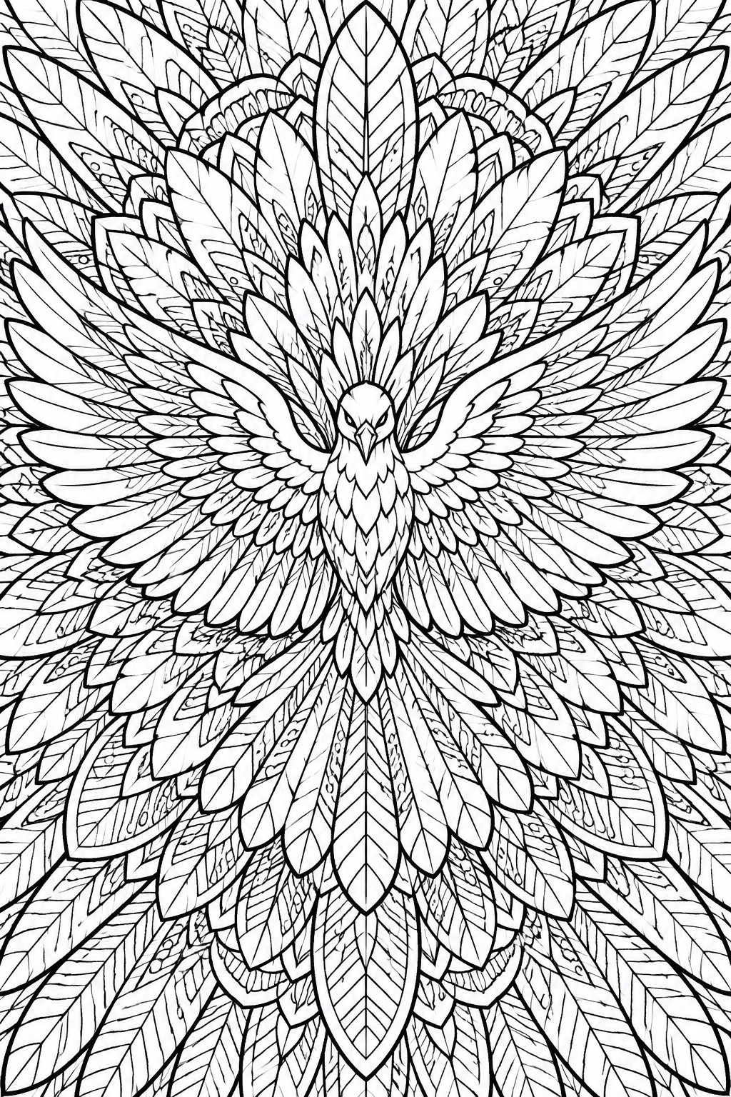 A black and white mandala coloring page showing a central bird surrounded by multiple layers of detailed feathers arranged in a radial pattern.