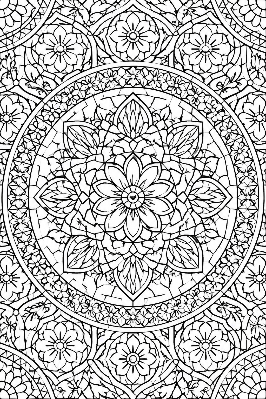 Intricate black-and-white mandala with floral patterns, leaves, and symmetrical geometric designs.
