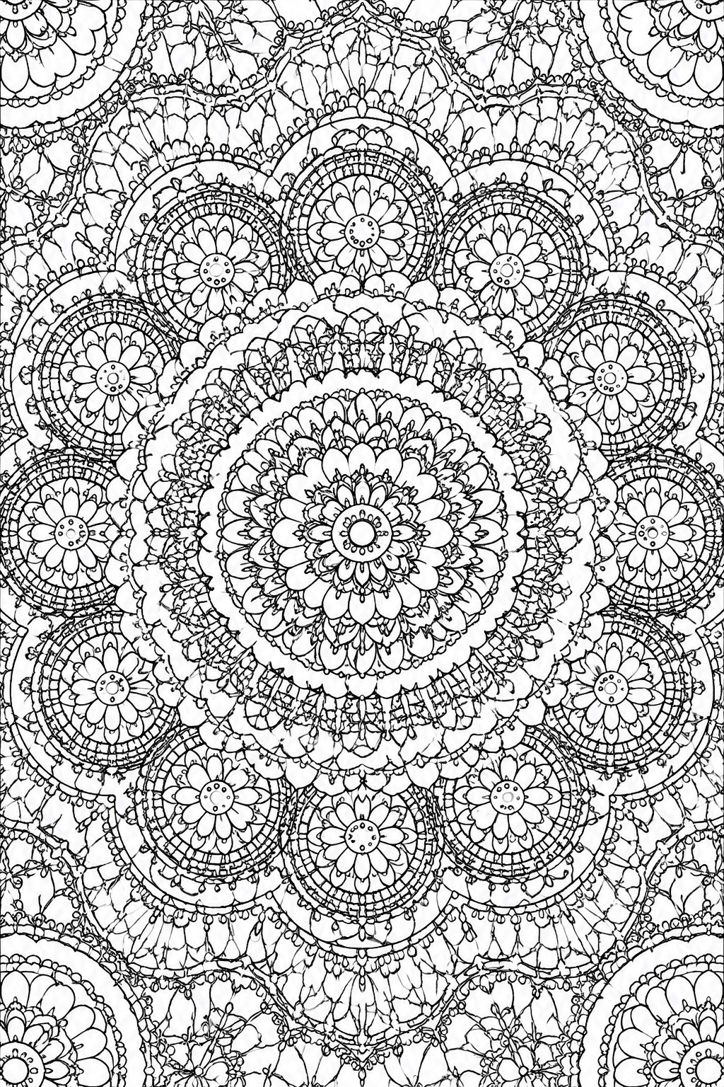 Intricate black and white mandala with floral centers and layered circular patterns.