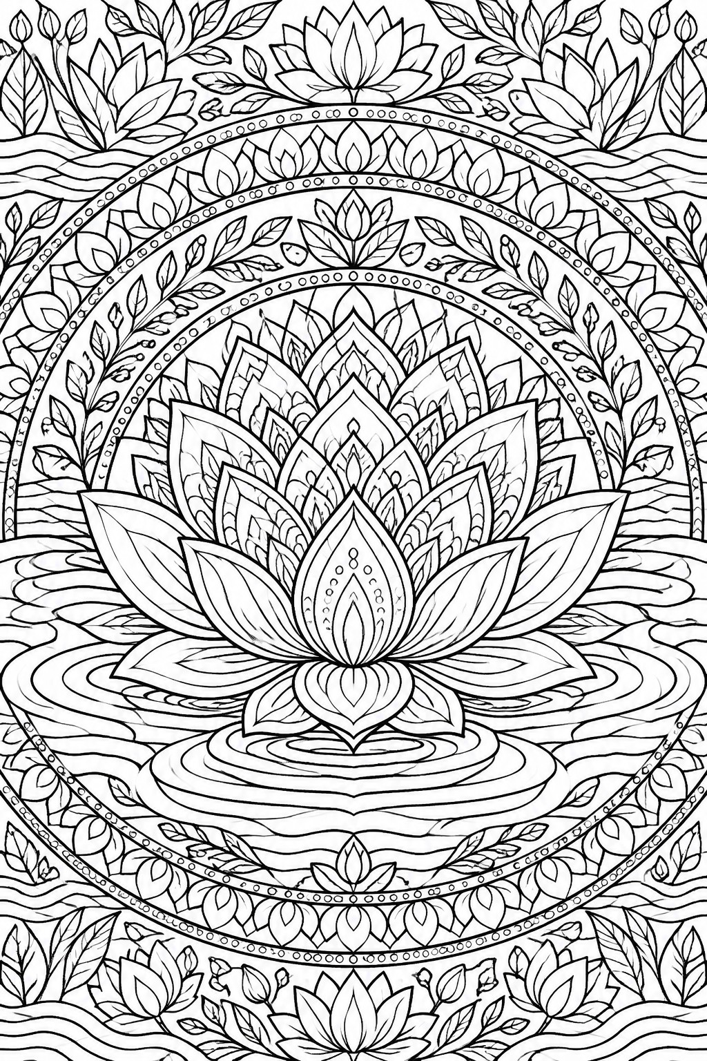 Intricate black-and-white mandala with central lotus flower, leaves, and circular patterns