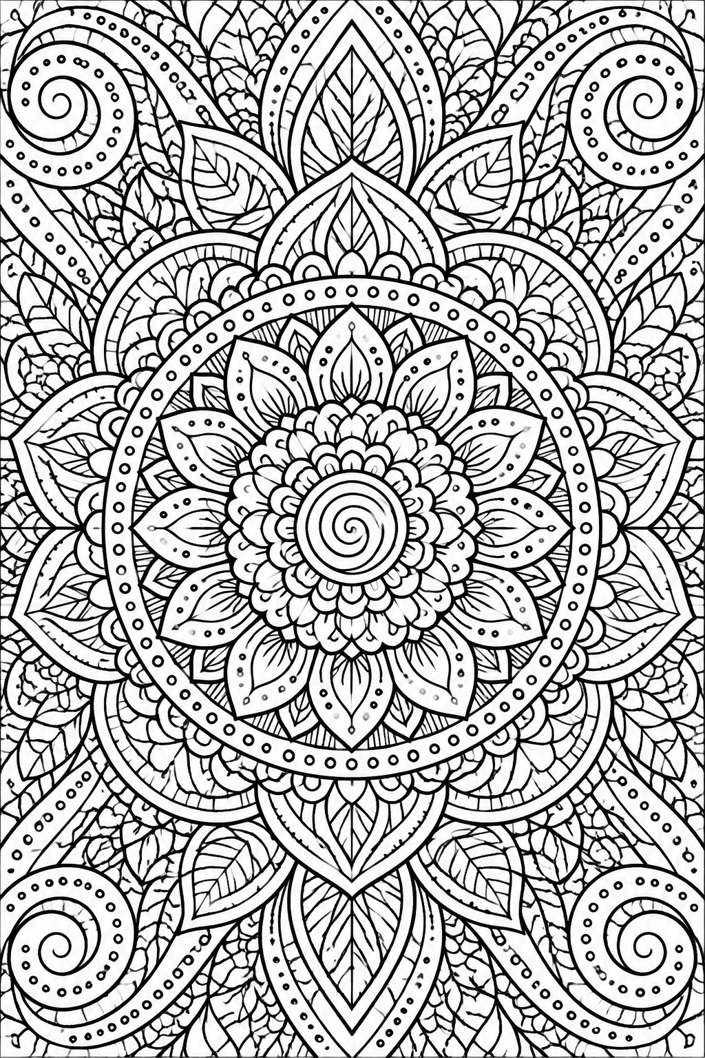 A black and white mandala coloring page with a central spiral, layered petals, leaves, and swirling patterns arranged in concentric circles.