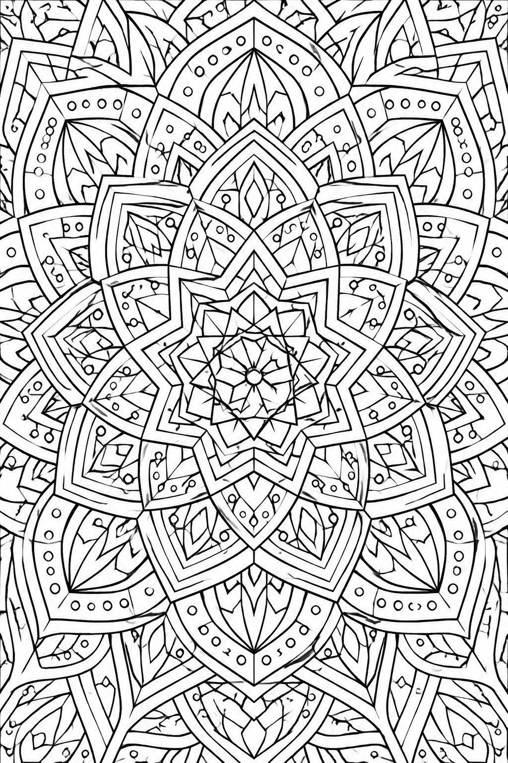 A black and white mandala coloring page with intricate symmetrical patterns of leaves and geometric shapes.