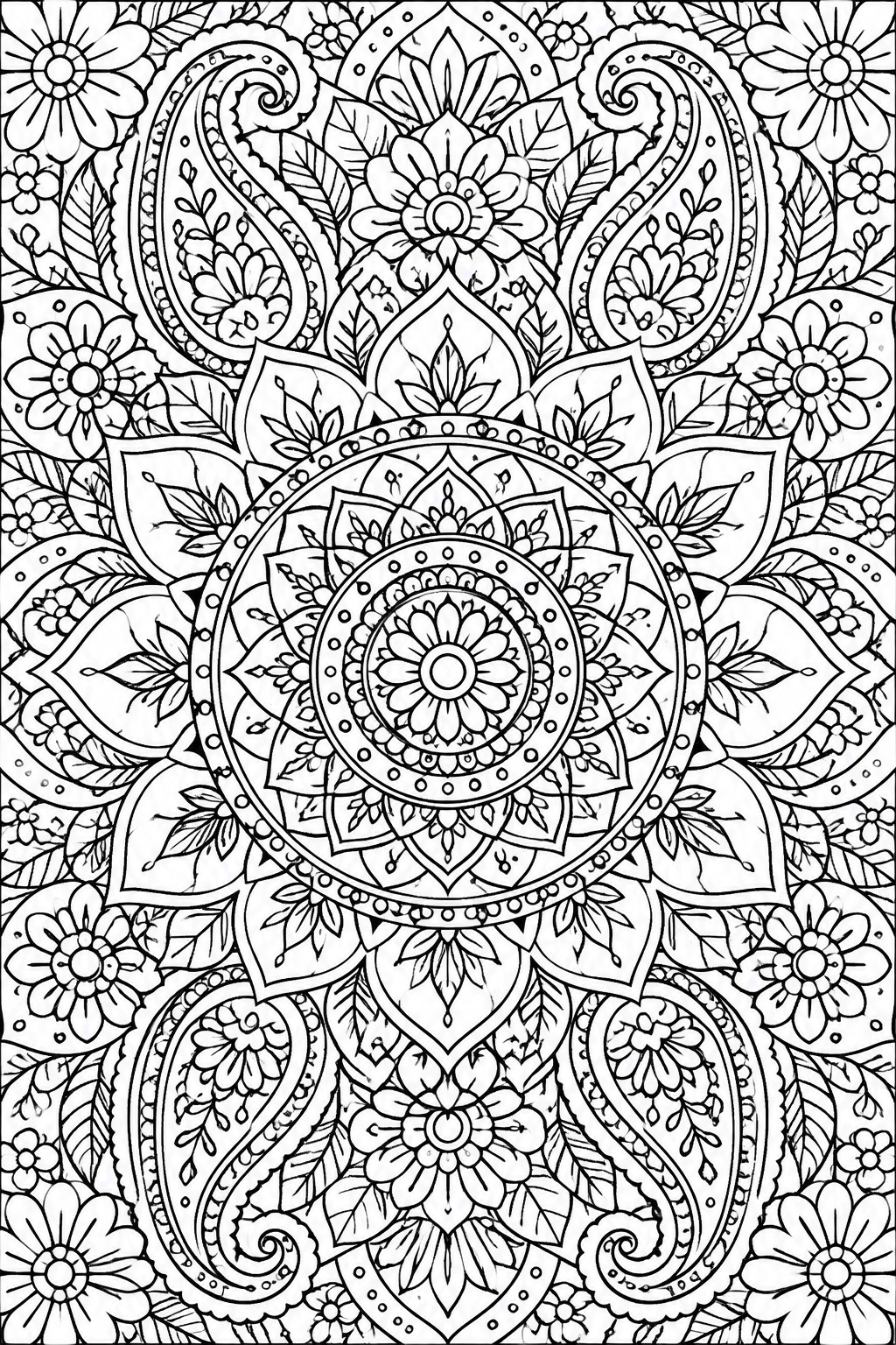 Intricate black-and-white mandala with paisley shapes, flowers, and symmetrical patterns.
