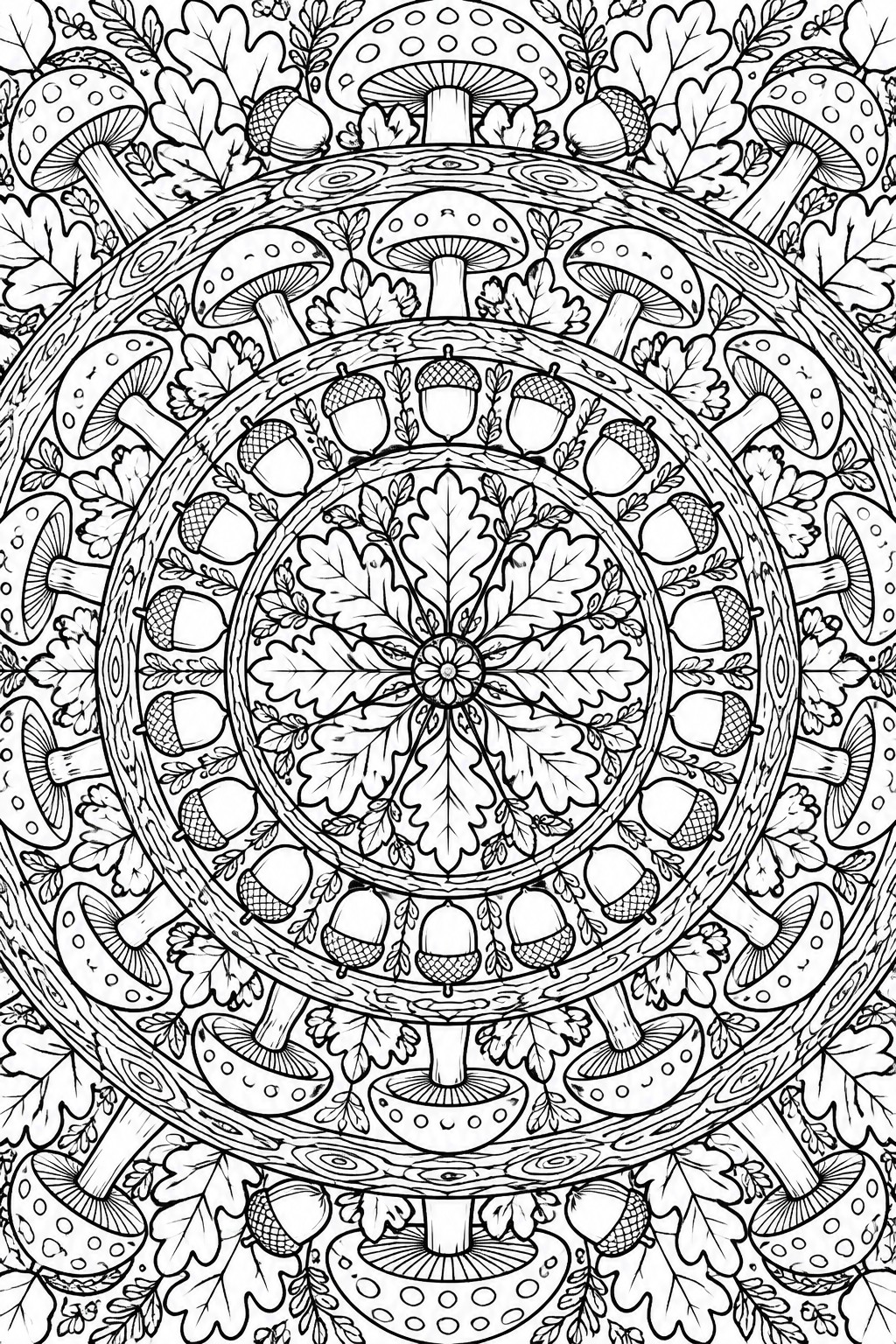 Black and white mandala with mushrooms, acorns, and oak leaves in intricate circles.