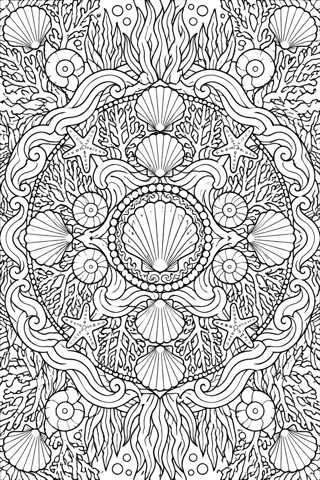 Intricate black-and-white ocean mandala with seashells, starfish, coral, and swirling waves