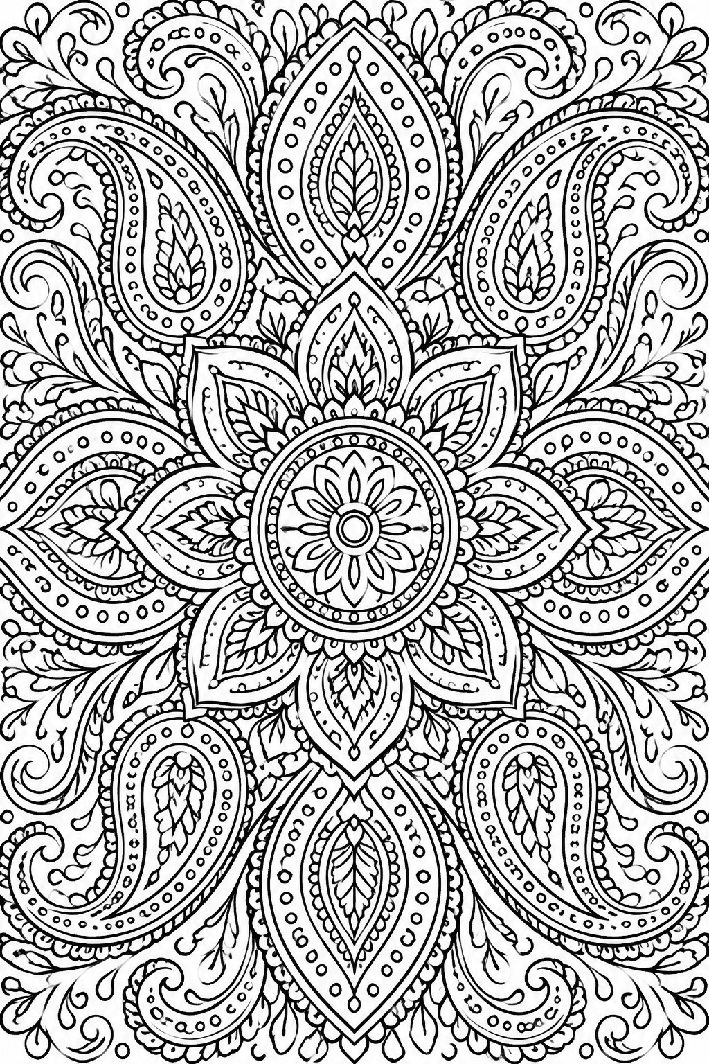 Intricate black-and-white mandala with paisley shapes, floral motifs, and swirling patterns.