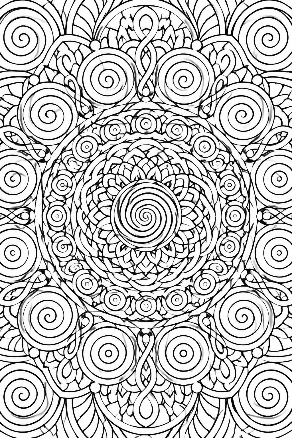 Intricate black-and-white mandala with spirals, circles, and layered floral patterns.