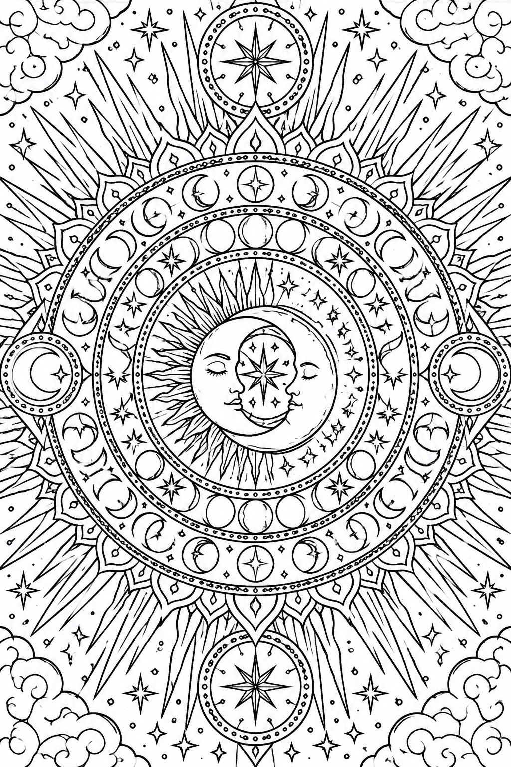 Intricate black and white celestial mandala with sun-moon faces, stars, and clouds.