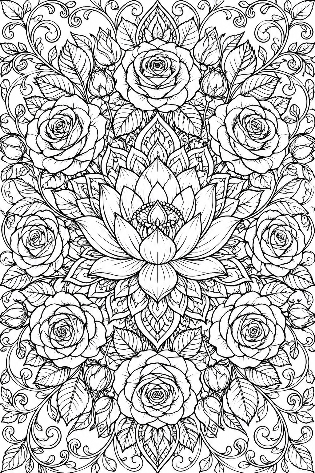 Intricate black-and-white line art of central lotus amid blooming roses and vines