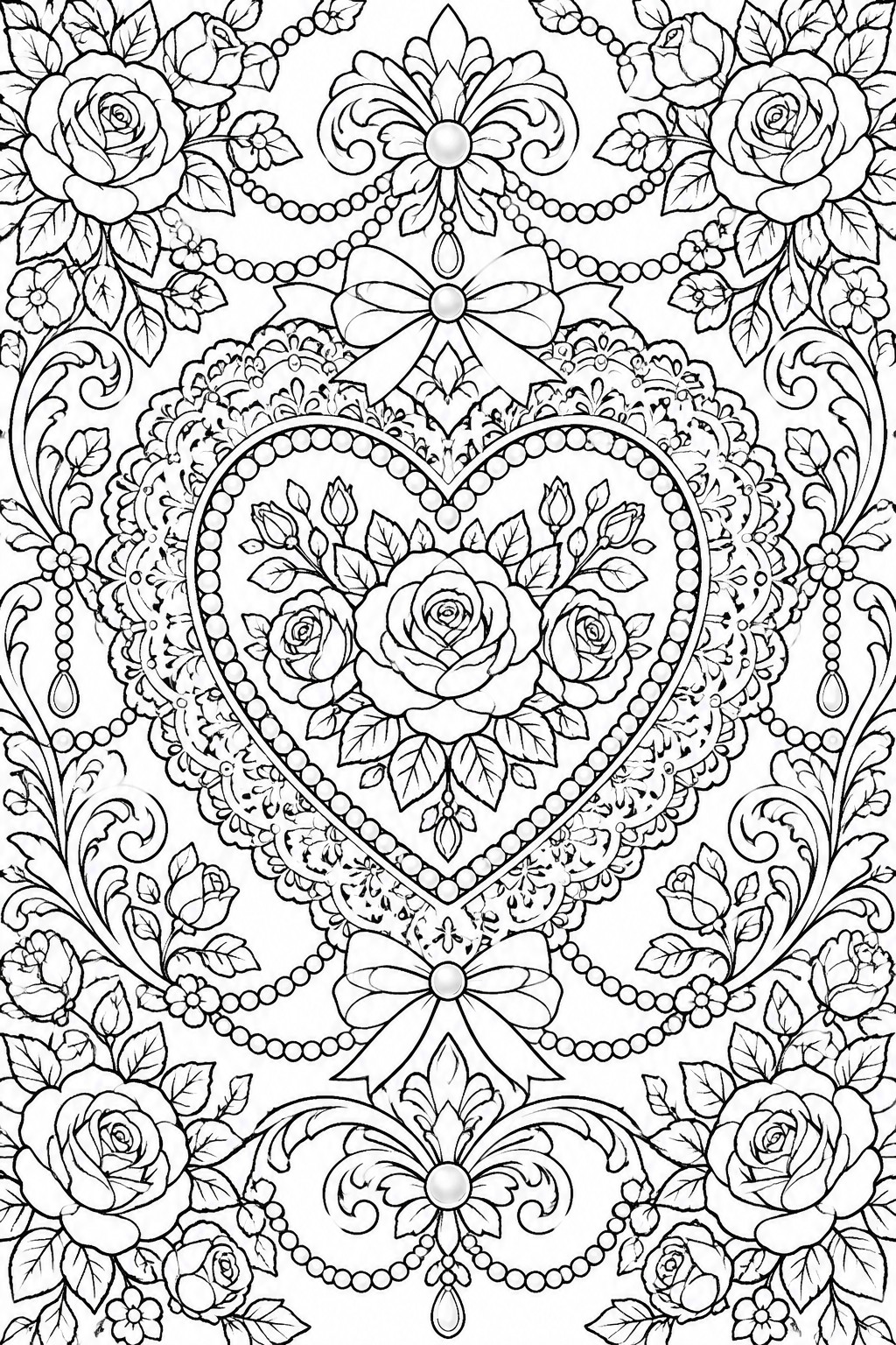 Intricate black-and-white heart with roses, beaded borders, pearl bows, and floral swirls