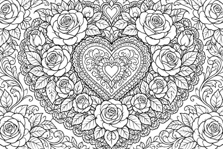 19 Romantic Love Coloring Pages Featuring Hearts, Roses, and Decorative Motifs Intricate black-and-white floral design with ornate central heart amid blooming roses