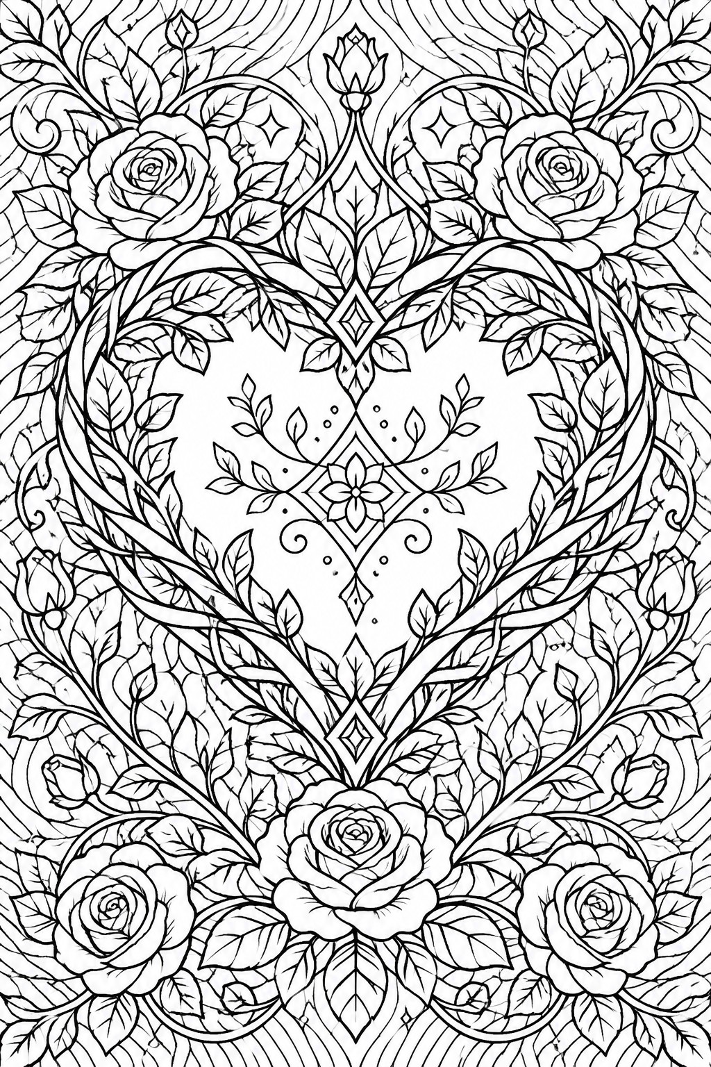 A black and white coloring page featuring a large heart formed by vines and roses with decorative floral patterns inside.