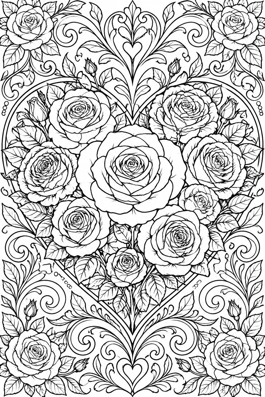 Black and white coloring page showing roses arranged in a large heart shape with swirling decorative lines and additional roses around the border.