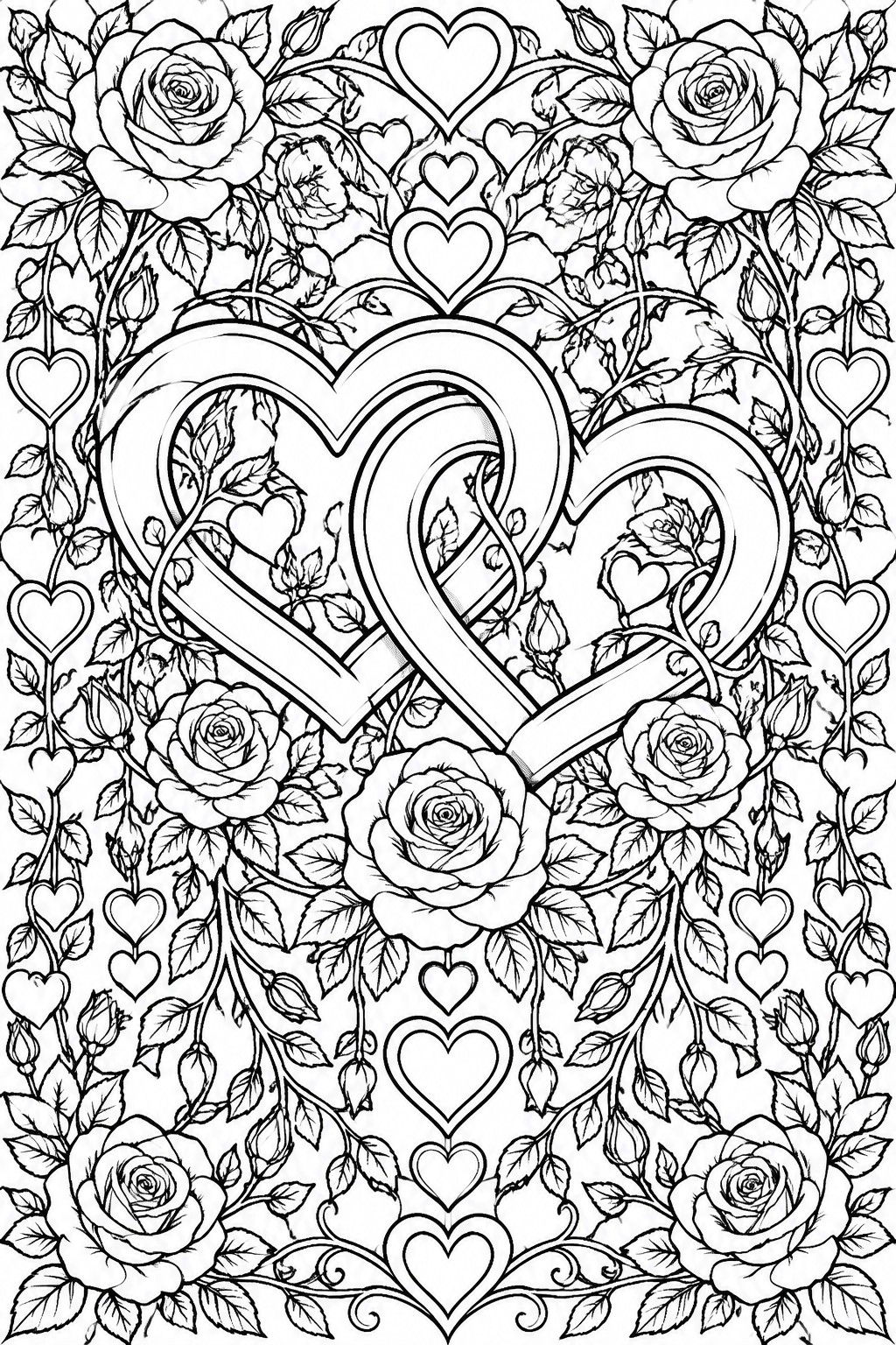 A black and white coloring page shows two large intertwined hearts surrounded by roses, vines, and multiple smaller hearts hanging from stems.