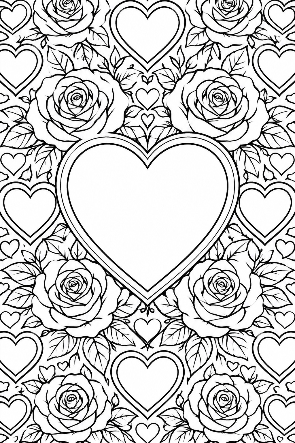Black and white coloring page filled with roses and hearts in intricate patterns