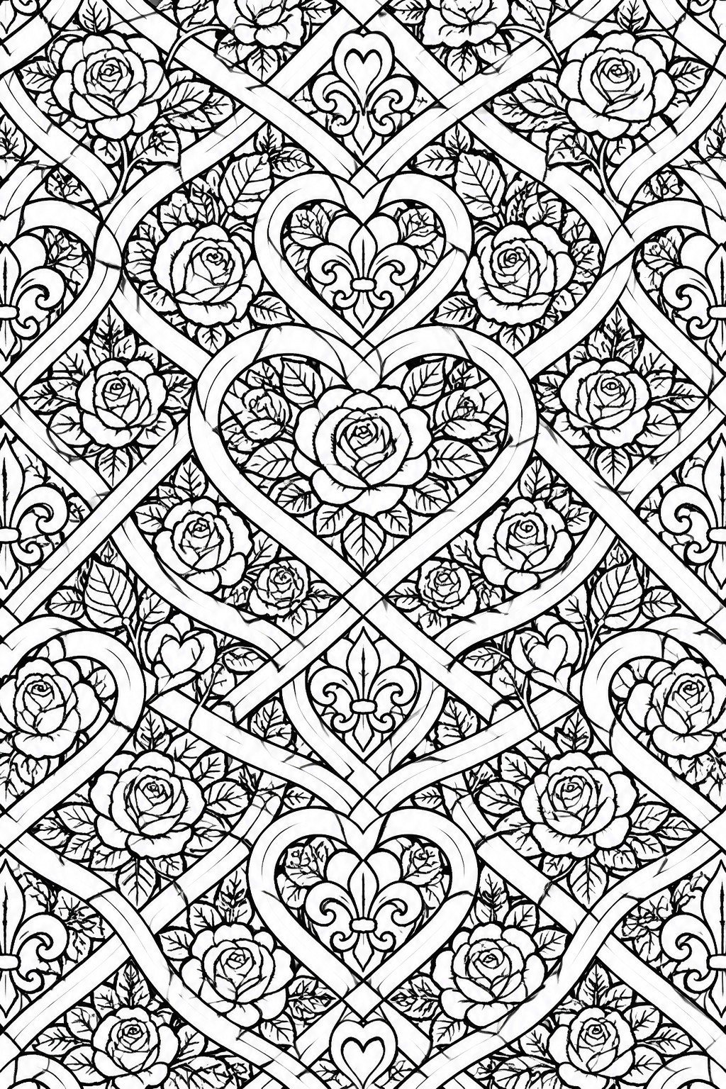 Intricate black-and-white pattern of hearts, roses, fleur-de-lis, and lattice swirls