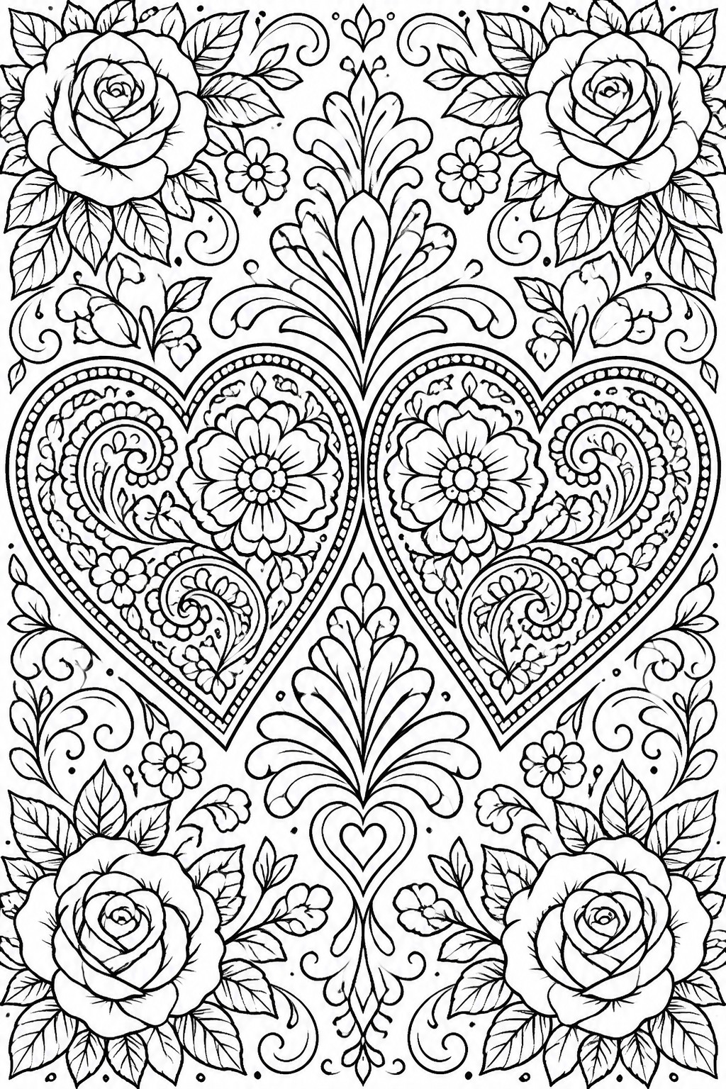 Intricate black and white coloring page with two floral hearts and roses