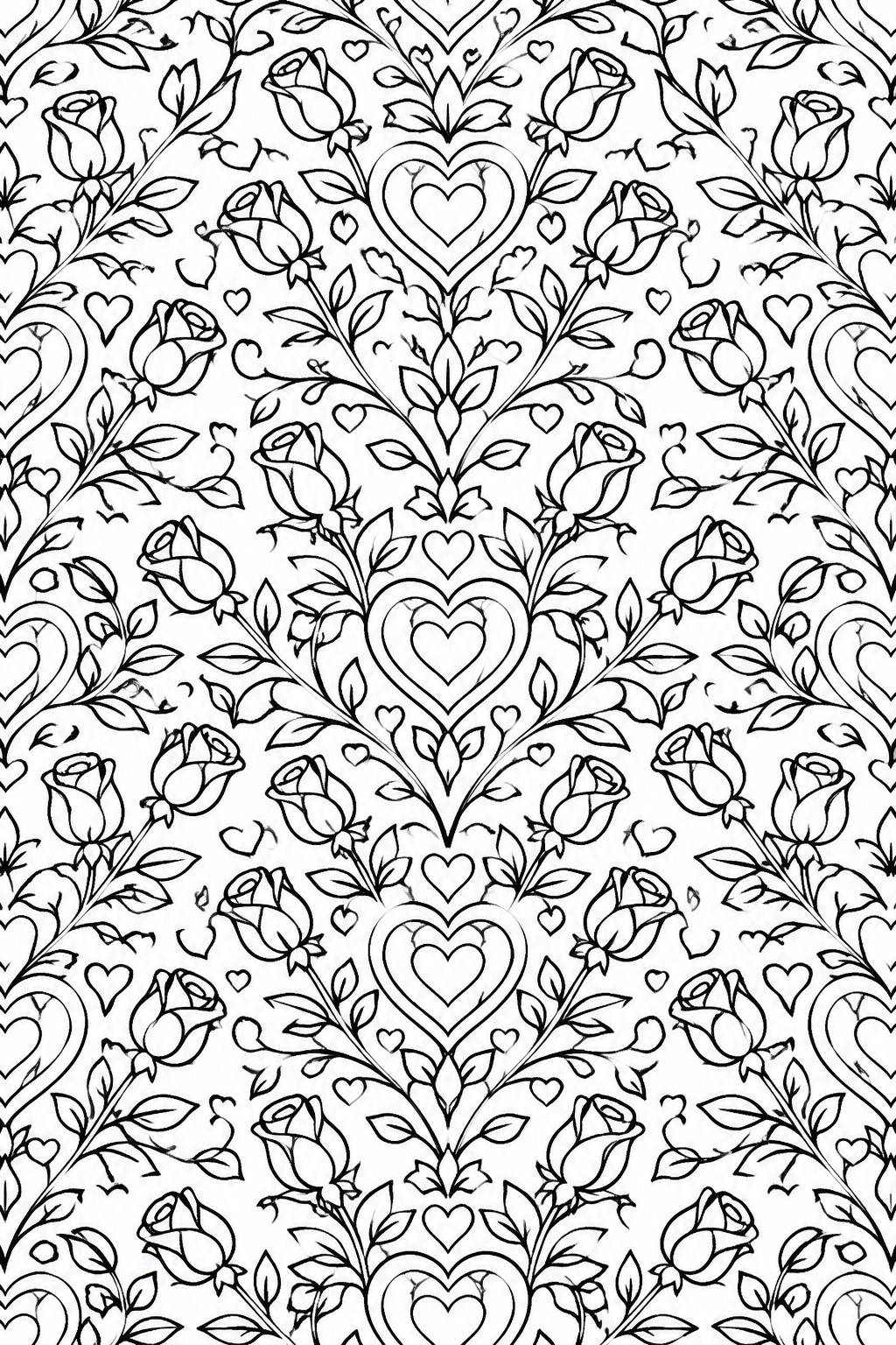 Black and white coloring page with repeating vertical pattern of roses, leaves, and heart shapes in symmetrical arrangement.