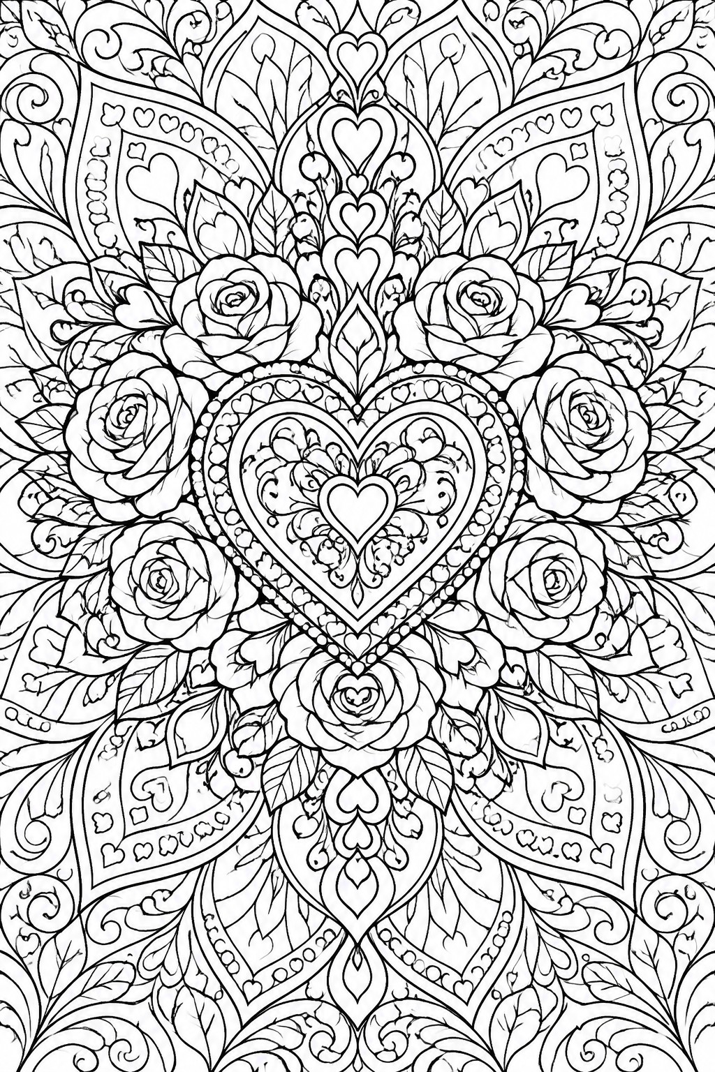 Intricate mandala with central heart, roses, and floral patterns in black and white.