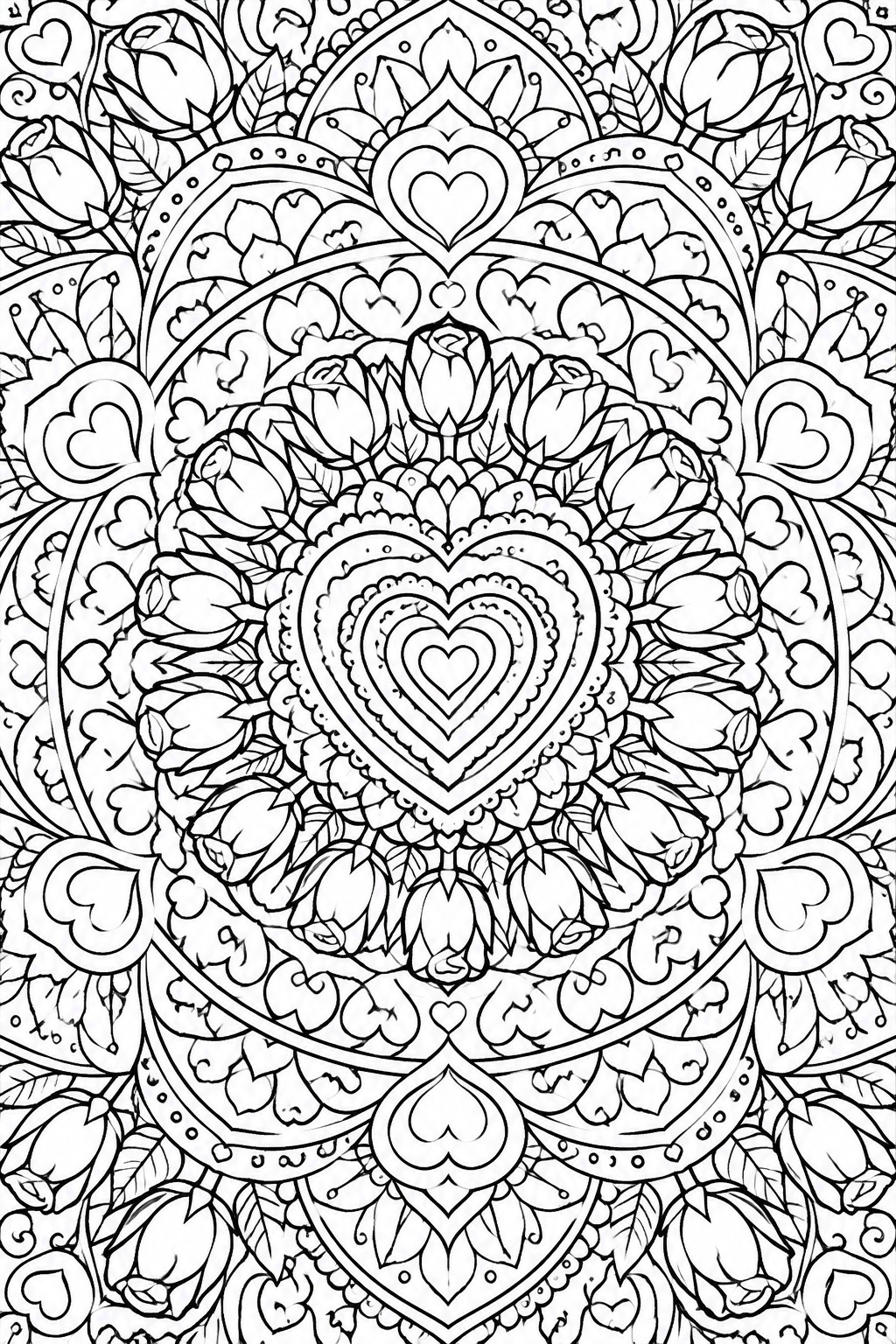 Intricate mandala with central heart, roses, tulips and layered floral patterns.