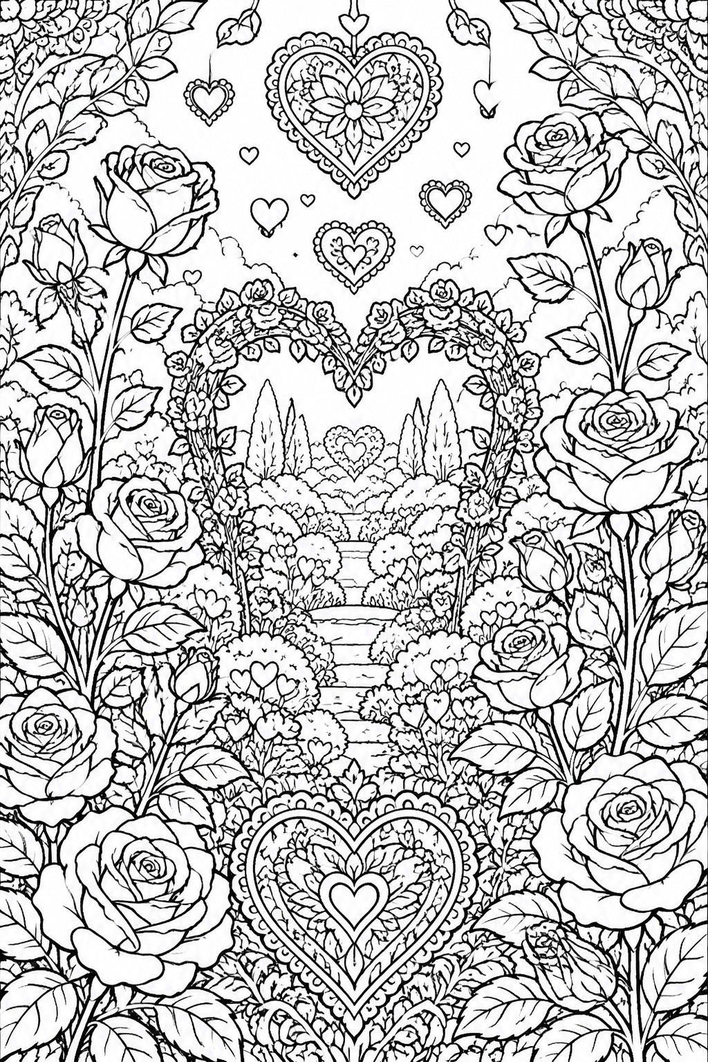A black and white coloring page of a garden path lined with roses under a heart shaped flower arch and floating hearts.
