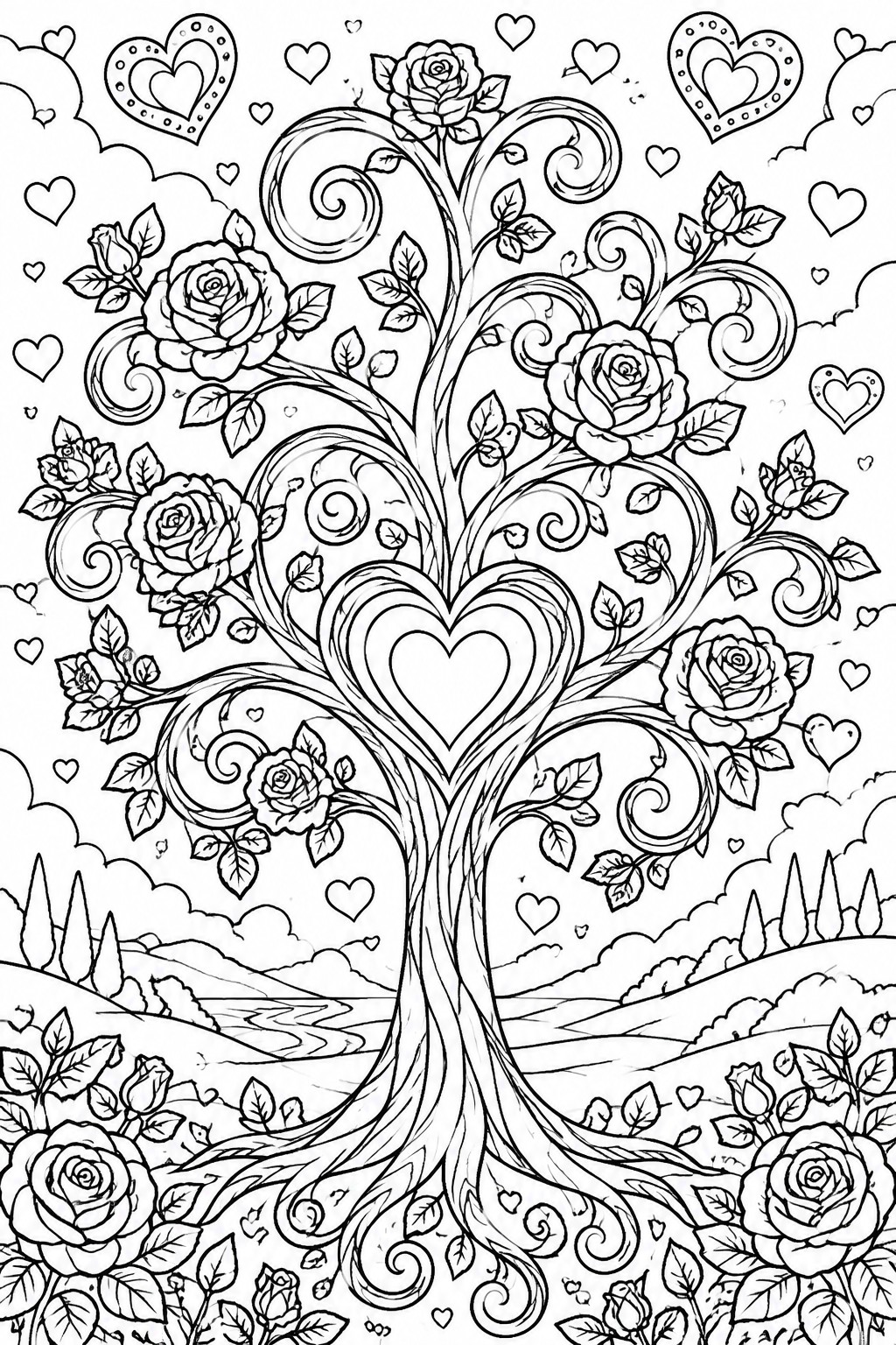 Coloring book page of heart-shaped tree with roses, swirls, and floating hearts.
