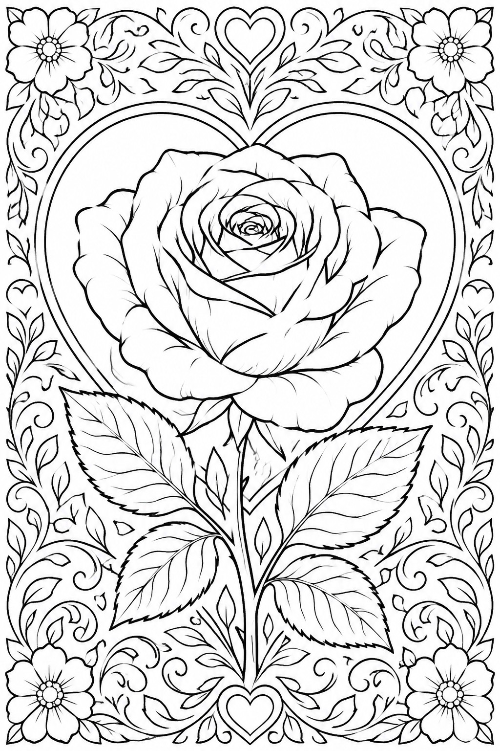 Ornate line art of a rose in a heart frame with floral borders and leaves.