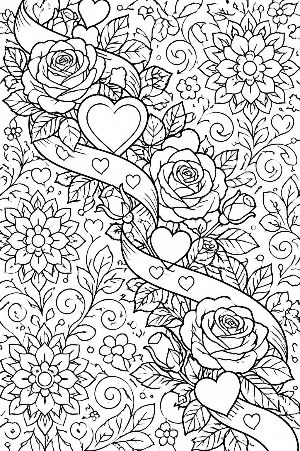 Intricate black-and-white coloring page of roses, hearts, ribbon, and swirls.