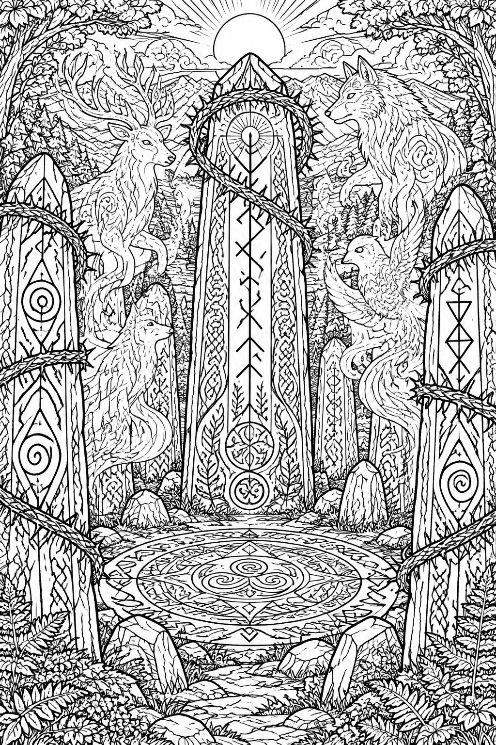 Detailed black and white line art of a fantasy forest clearing with a tall central rune pillar, spirit animals, and carved wooden posts.