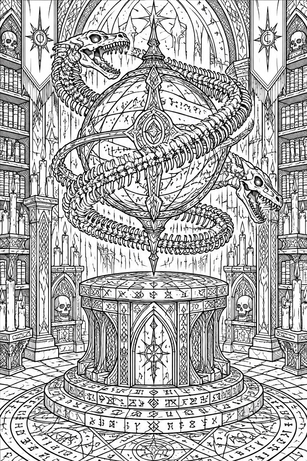 A detailed coloring page showing a skeletal serpent coiled around an ornate globe on a pedestal inside a gothic library with bookshelves, candles, skulls, and floor runes.