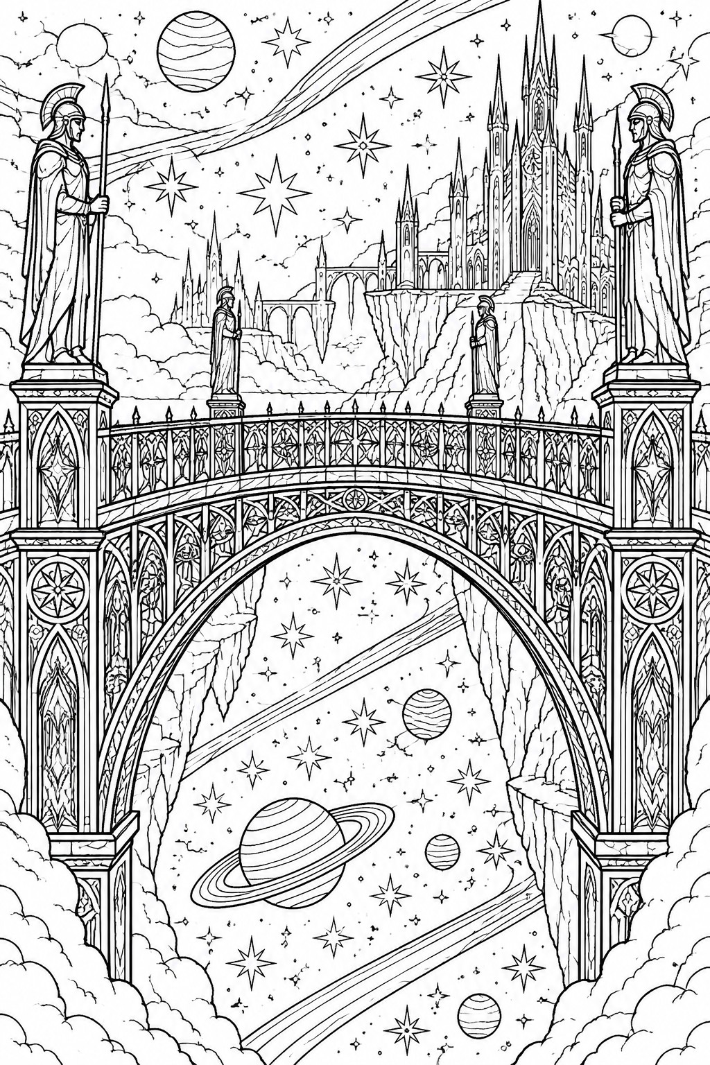 Fantasy line art of ornate bridge with armored statues leading to castle under starry sky with planets.