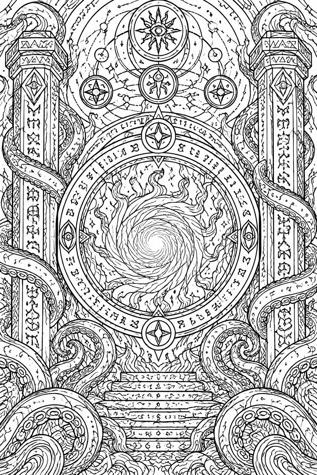 Intricate black-and-white line art of swirling cosmic portal flanked by ornate mystical pillars.
