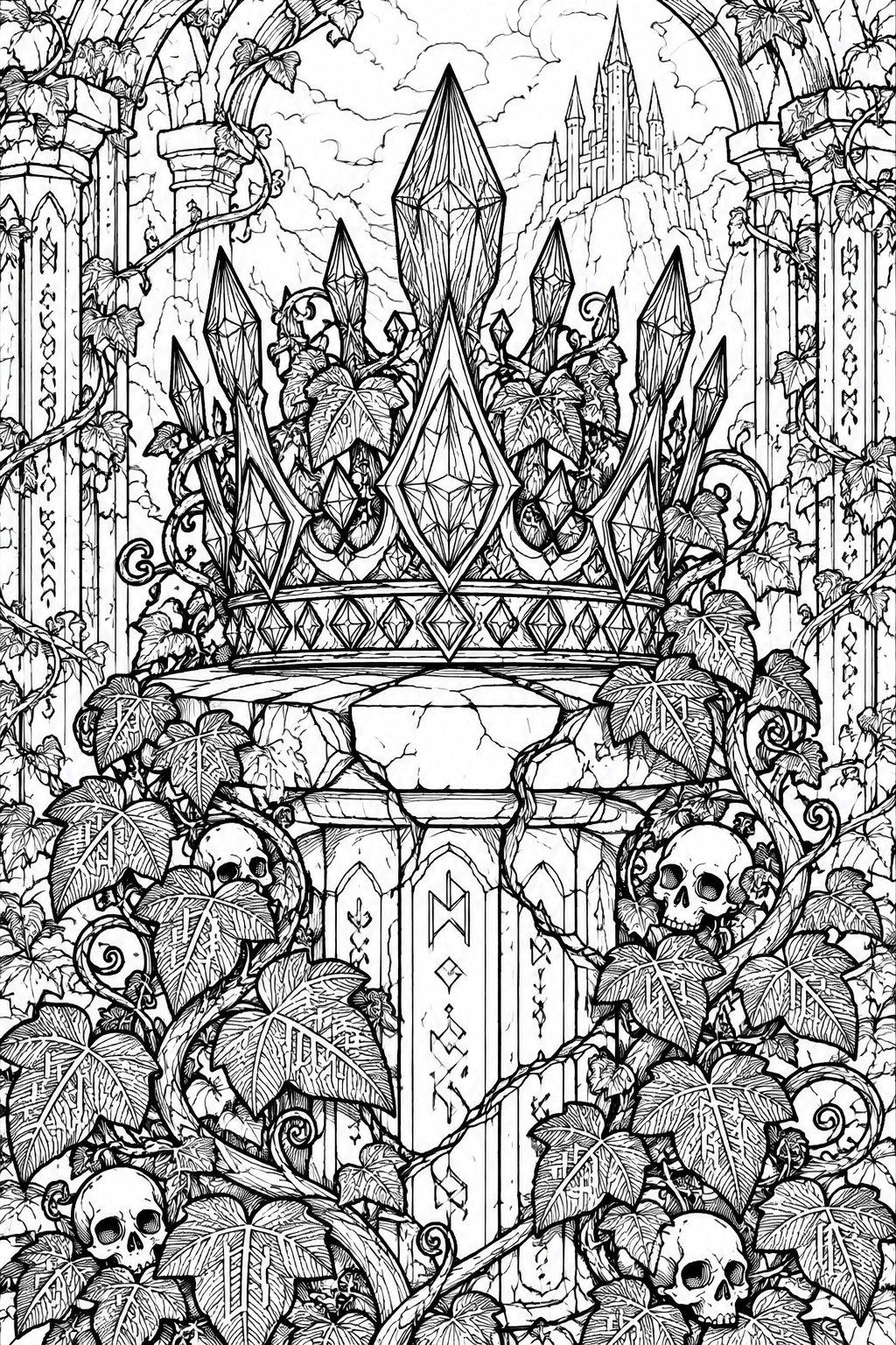 A detailed line drawing of an ornate crown on a pedestal surrounded by ivy, skulls, and gothic architecture with a castle in the background.