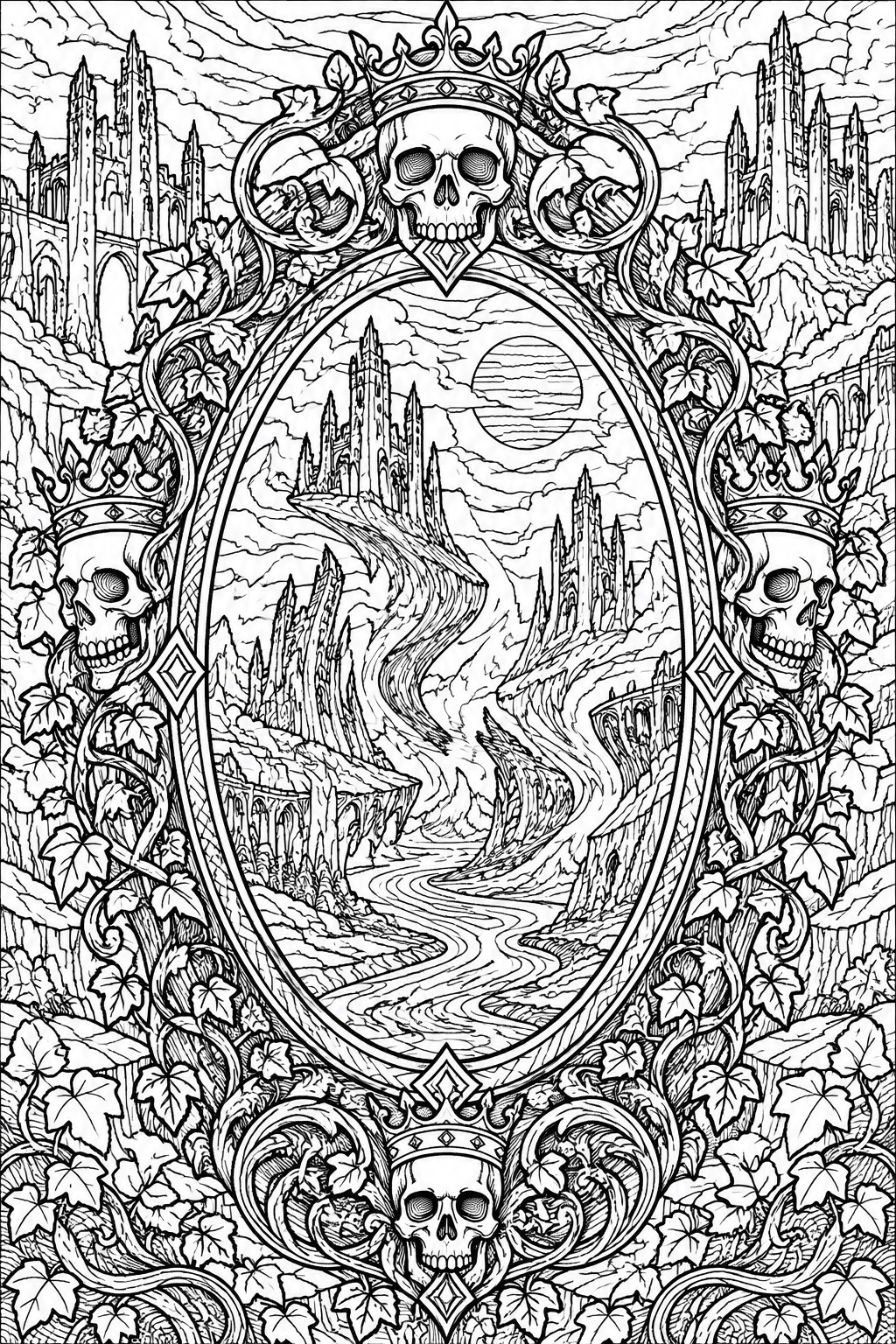 Ornate oval frame with crowned skulls and vines enclosing a gothic fantasy castle landscape.