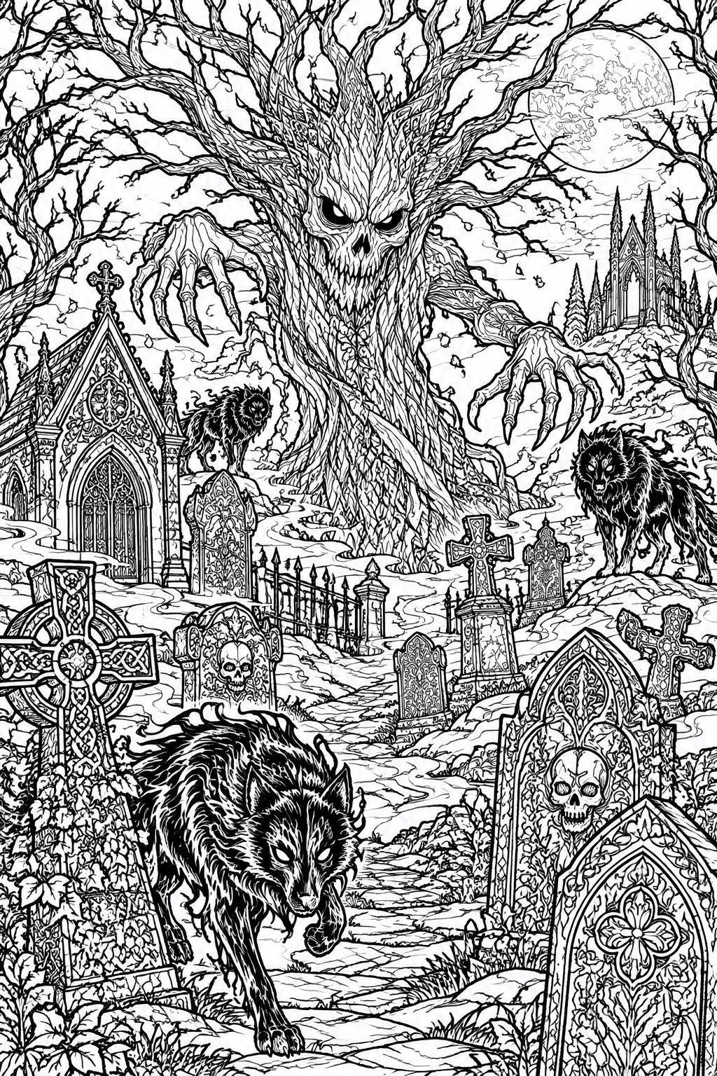 Detailed black and white line art of a haunted graveyard featuring a monstrous tree with a skull face, several wolves, numerous tombstones, and a full moon.