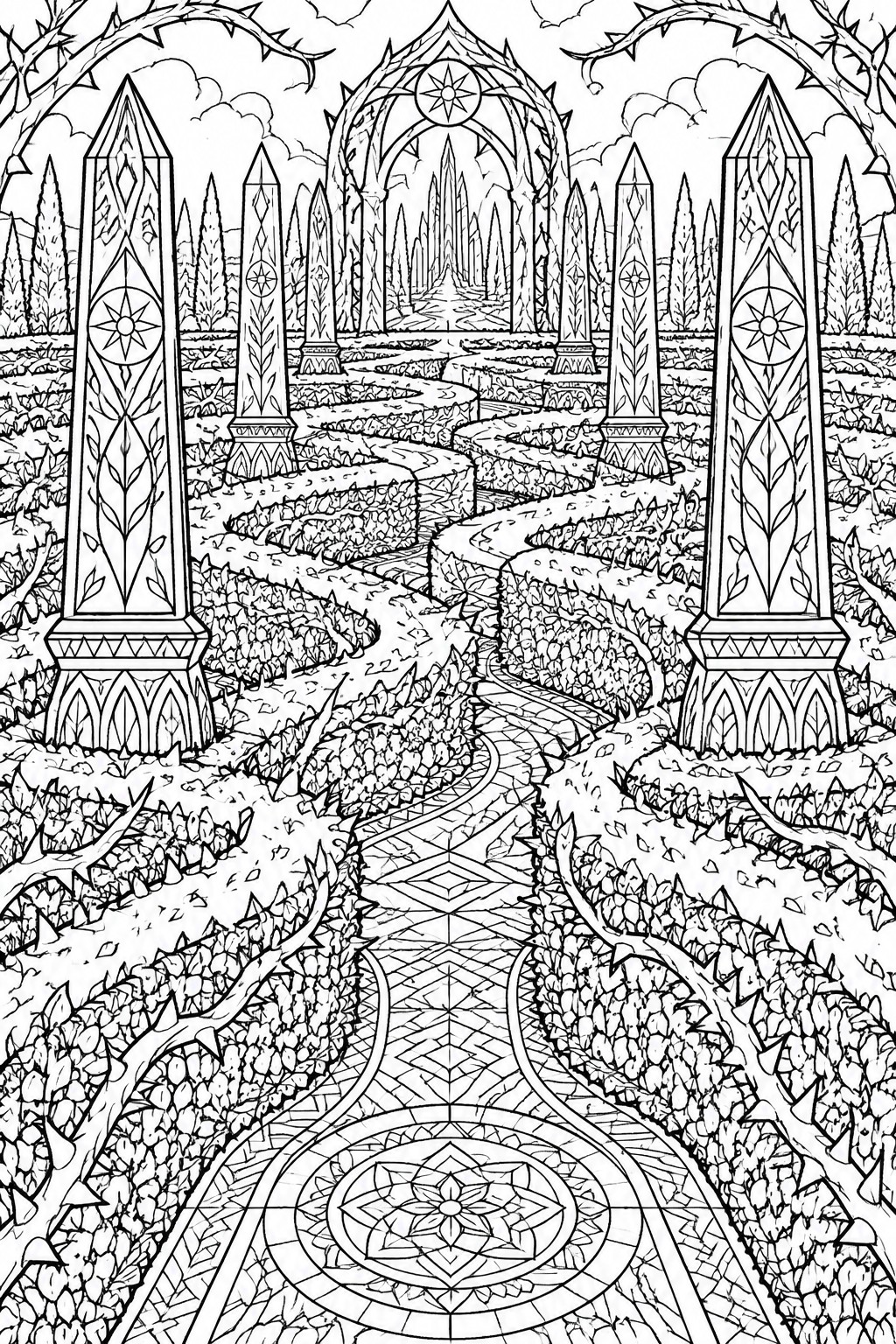 Fantasy garden maze with ornate obelisks, winding paths, and thorny vines