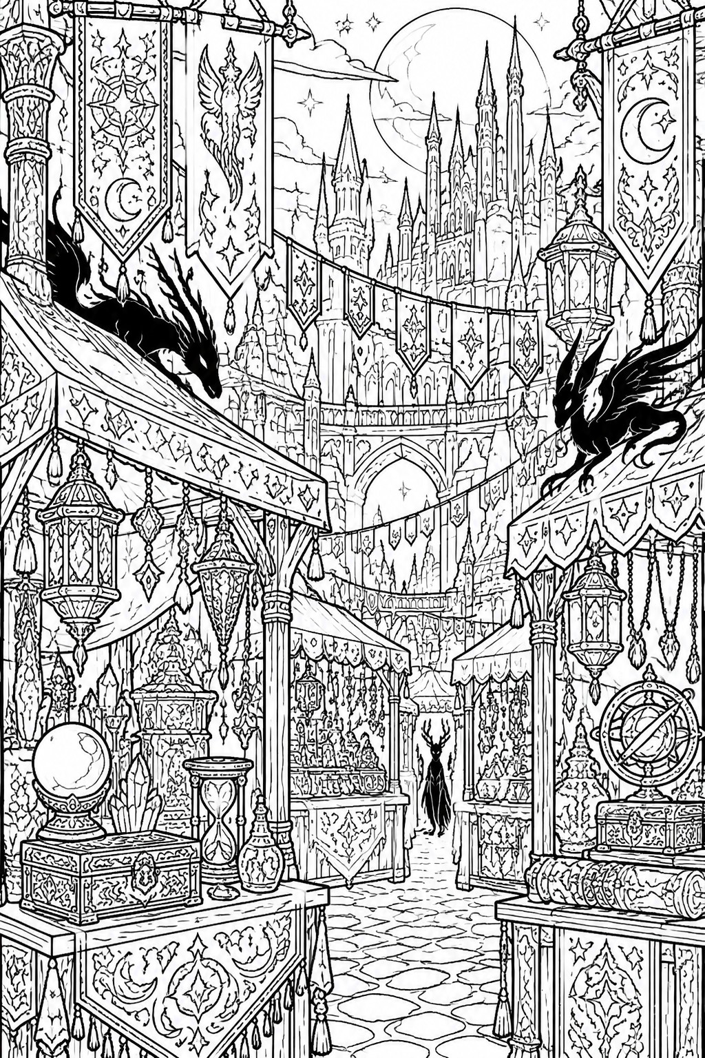 Fantasy marketplace with ornate stalls, lanterns, dragons, and moonlit castle at night