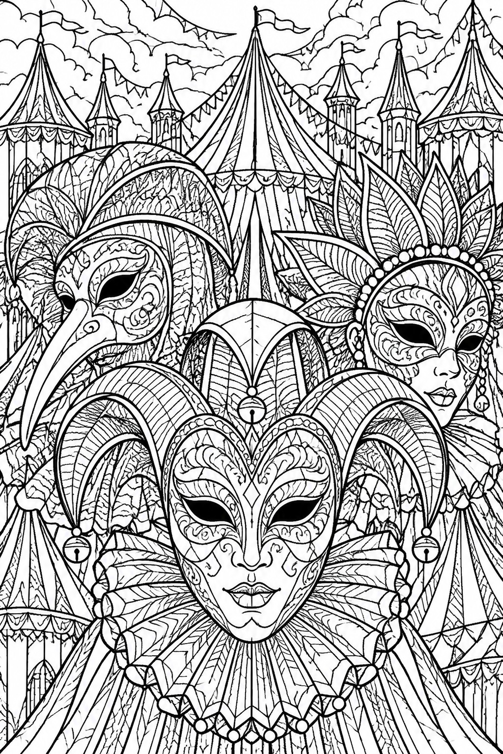 A black and white coloring page shows three ornate Venetian-style masks in front of a festival of pointed tents and flags, with heavy decorative patterns throughout.