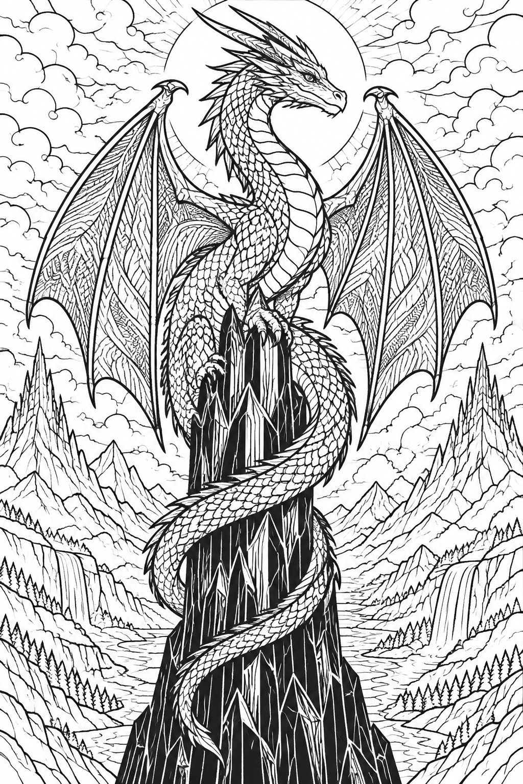A black and white line drawing of a dragon with spread wings perched on a tall crystal rock formation in a mountainous landscape with waterfalls and clouds.