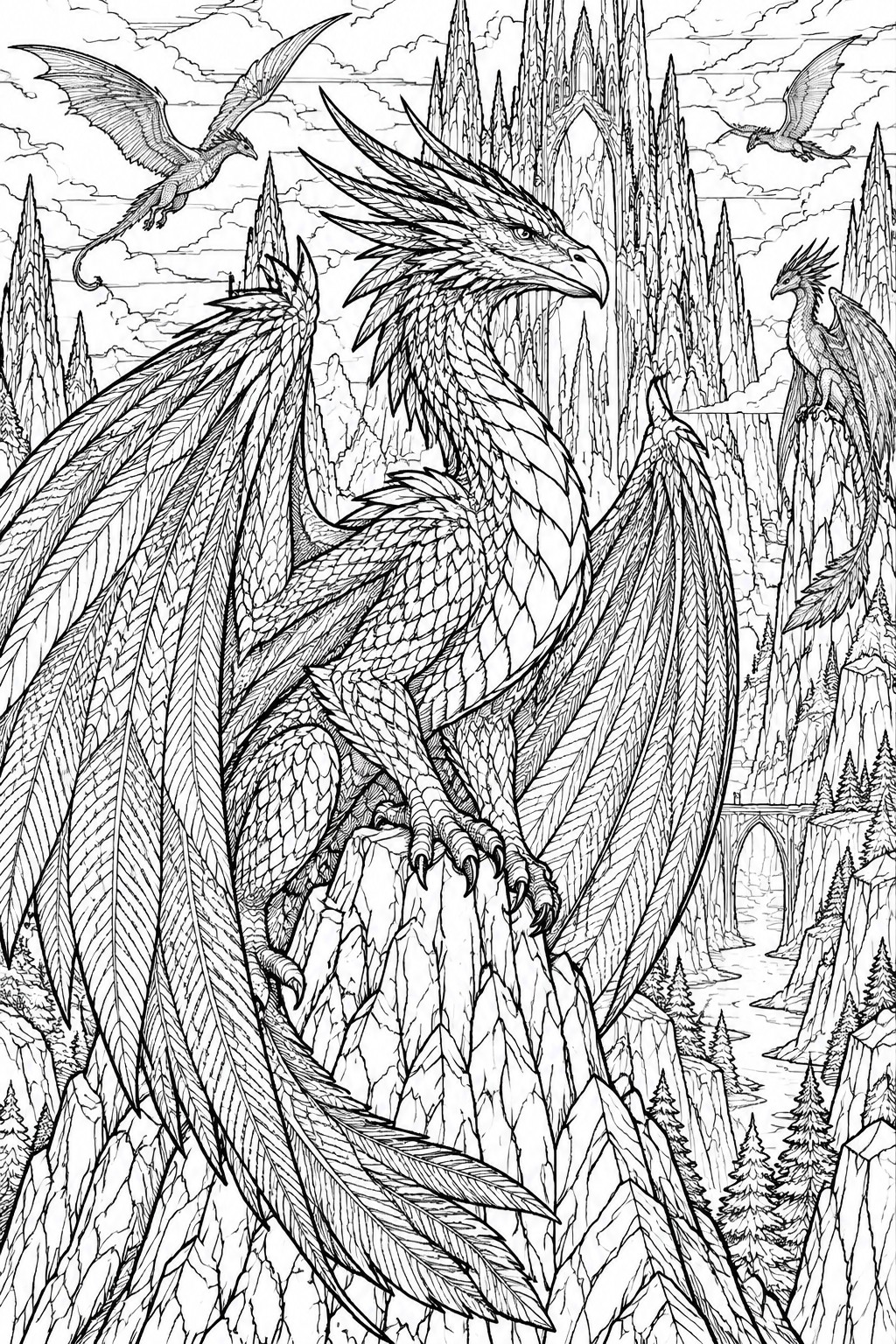 Intricate black-and-white line art of dragons perched on fantasy cliffs with castle spires