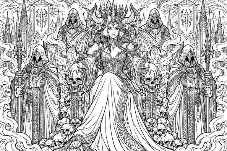 A black and white line drawing of a horned fantasy queen seated on a throne surrounded by skulls, hooded figures with spears, and gothic towers.